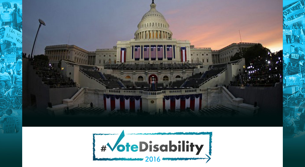 Heading graphic with the western front of the U.S. Capitol building. Photo taken at the twilight of dusk. #VoteDisability 2016 logo.